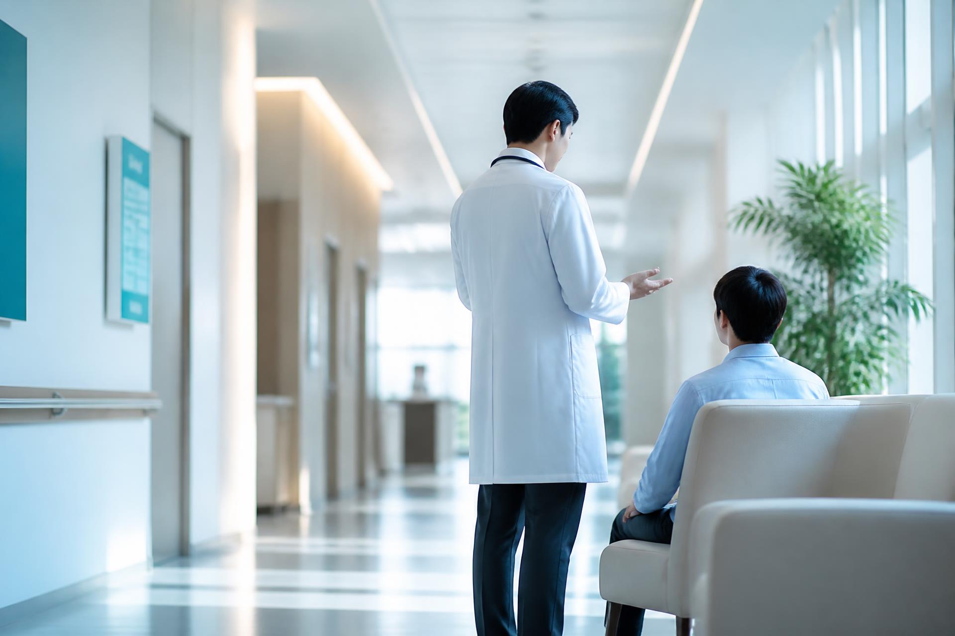 Médico conversando com paciente em corredor de hospital moderno